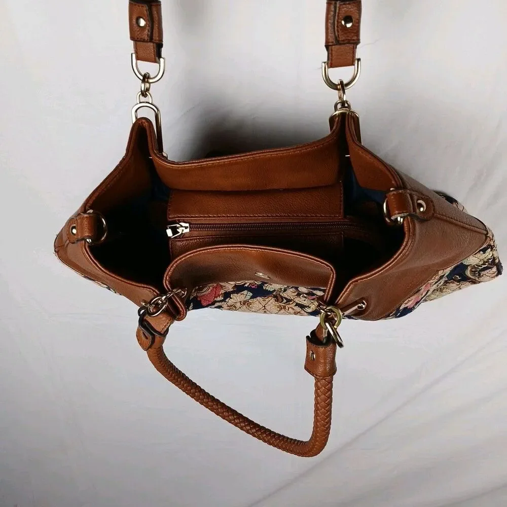 Black Rivet Floral Tapestry Shoulder Bag with Brown Leather Trim